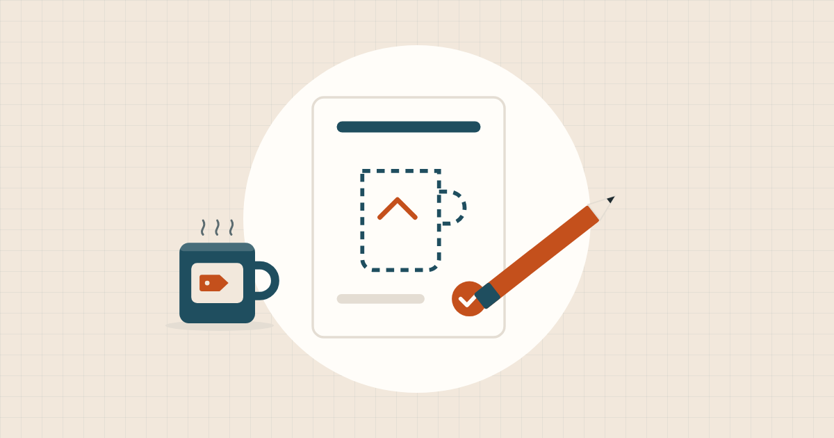 Illustration of a design proof sheet with a pencil and a finished mug