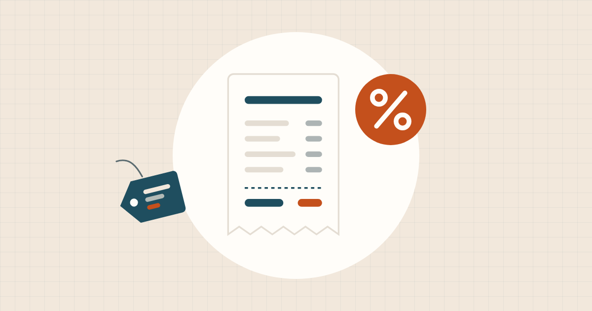 Illustration of a sales receipt with a percent badge and a price tag