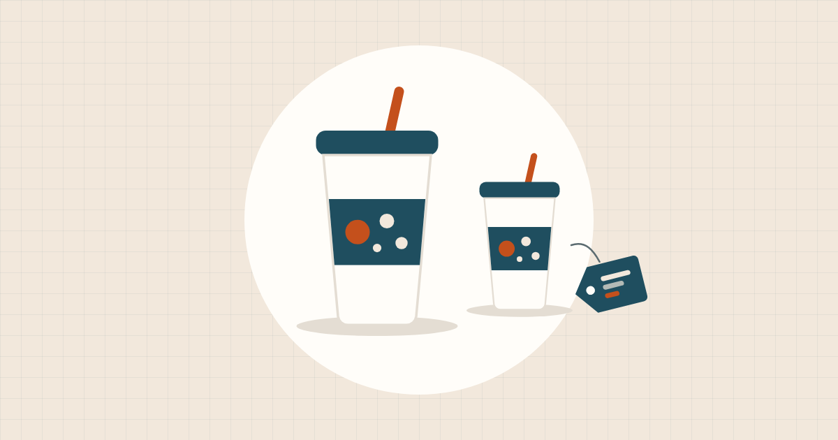 Illustration of two sublimation tumblers with lids and straws and a small price tag